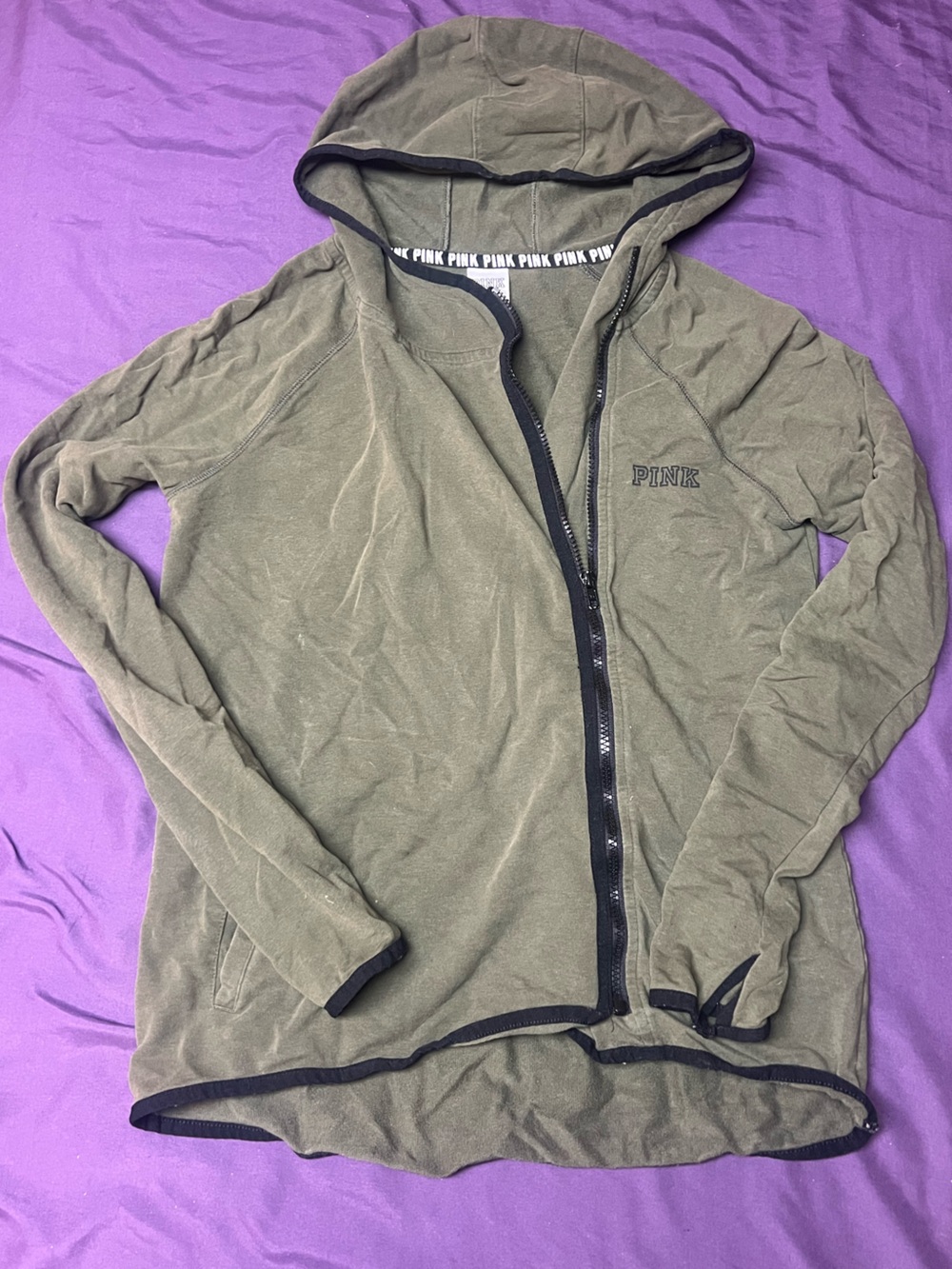 PINK Olive Green Hoodie with Black Logo